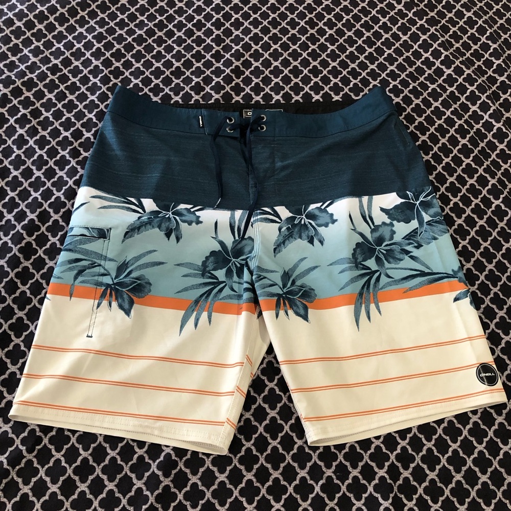 O'Neill Hyperfreak Blue Board Shorts Sz 36 Tropical Floral Dd7 Swim Trunks Surf